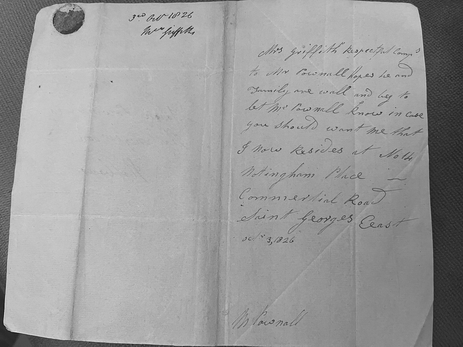 A handwritten letter from 1826, folded and sealed